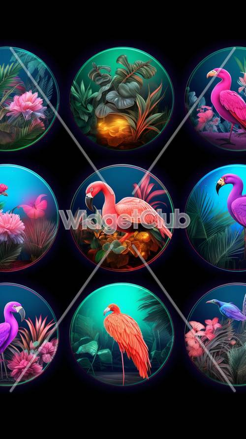 Colorful Flamingos and Exotic Birds in Nature Circles