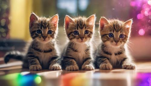 Домашние котята, полностью поглощенные происходящим, указывают своими крошечными лапками на радугу в помещении, созданную призмой.