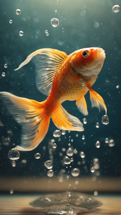 Animowana złota rybka wyskakująca z akwarium otoczona kropelkami wody.