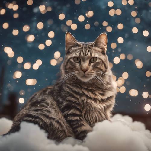 Una imagen surrealista de un gato hecho de polvo de estrellas, contemplando pacíficamente desde su posición una nube flotante en el cosmos.