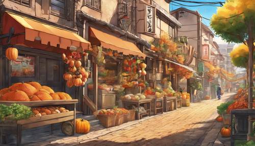 A picturesque anime street adorned with harvest decorations for Thanksgiving.