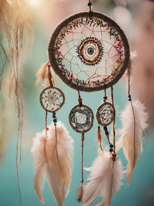 A vintage dream catcher, detailed with vibrant feathers and intricate beadwork, hanging against a pastel bohemian backdrop.”