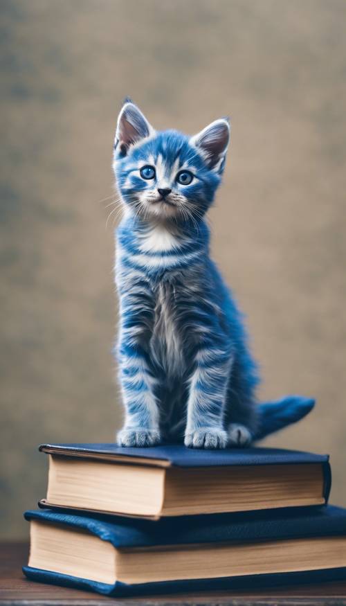 Meraklı, koyu mavi bir kedi yavrusu bir kitap yığınının üstüne tünemişti.