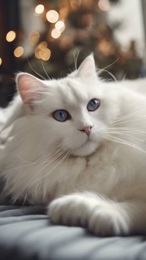 A white Ragdoll cat laying contently in a human's lap.