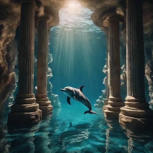 Um golfinho brincando de esconde-esconde entre os pilares de uma caverna submarina, repleta de sombras e luzes misteriosas.