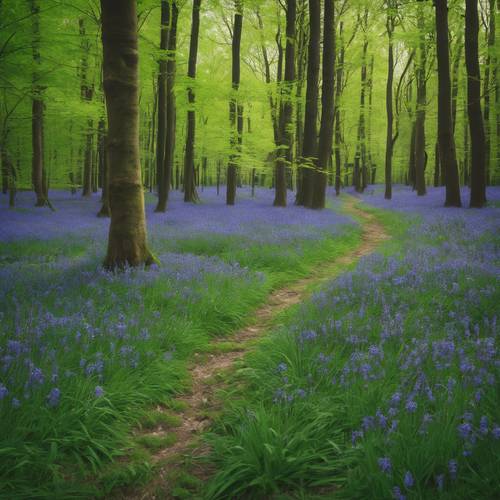 A peaceful forest during spring with bluebells carpeting the lush green forest floor.