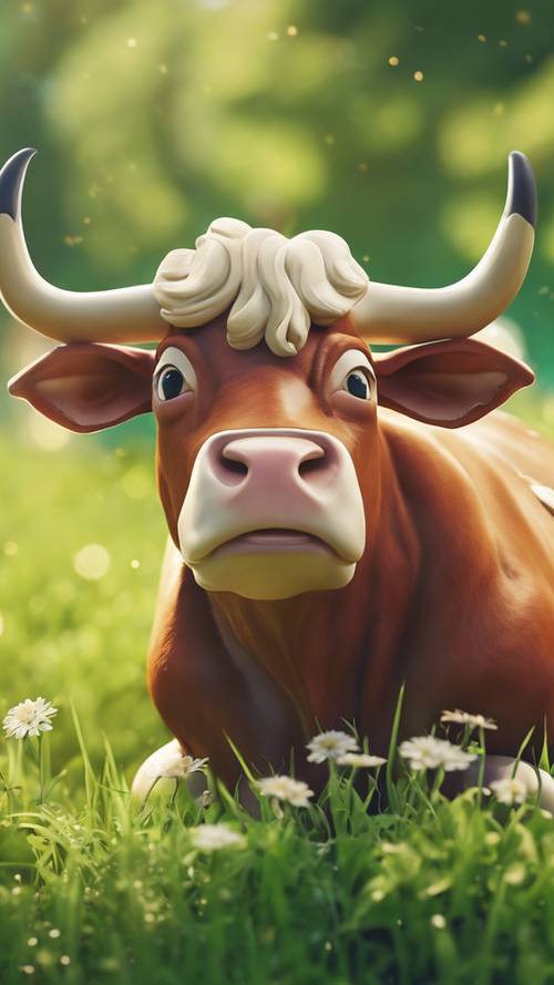 A whimsical, cartoon-like Taurus enjoying a peaceful, sunny day in a lush, green meadow.