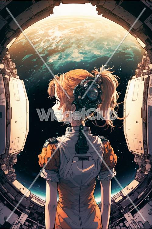 Space Girl Gazing at Earth