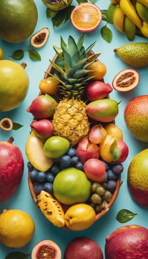 מגוון פירות טרופיים מסודרים לקערת פירות צבעונית ומעוררת תיאבון, כשבמרכז עומדים פירות כוכבים, פסיפלורה, ליצ&#39;י וגויאבה.