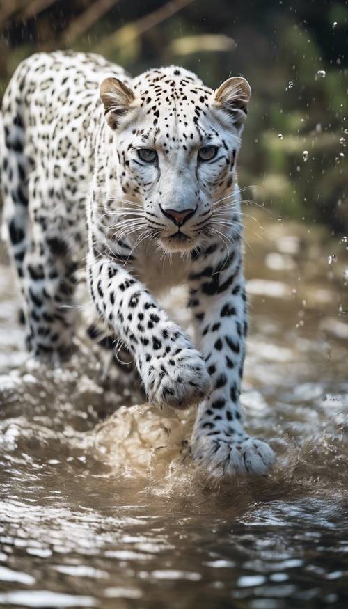 A white leopard immersed in water, its coat glistening as it emerges from a tropical river. Wallpaper [6320dfd5bb6a454ea157]