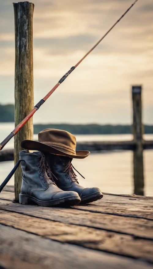 Un paio di stivali di gomma, un cappello logoro e una canna da pesca vintage appoggiata su un molo.