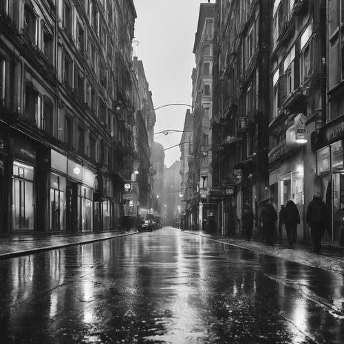 Empty black and white city streets on a rainy day with reflections on the wet ground.