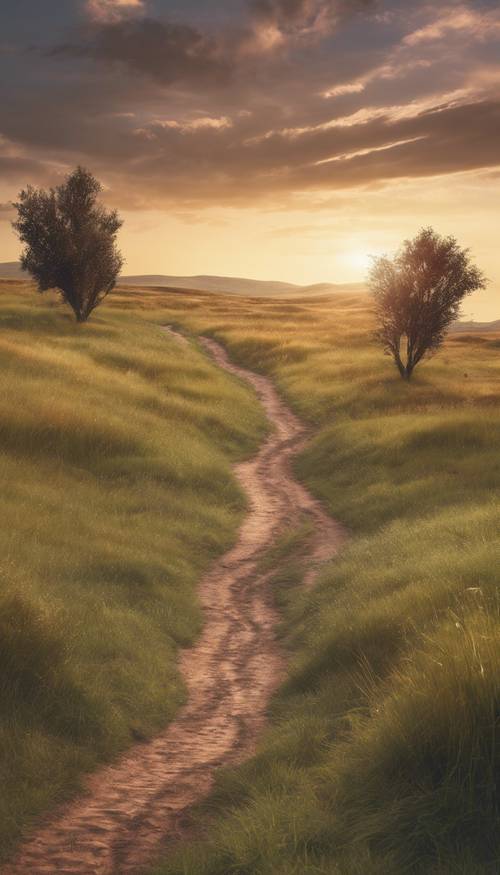 A winding dirt trail, splitting a vast grassland into two, leading toward a beautiful dusk horizon.