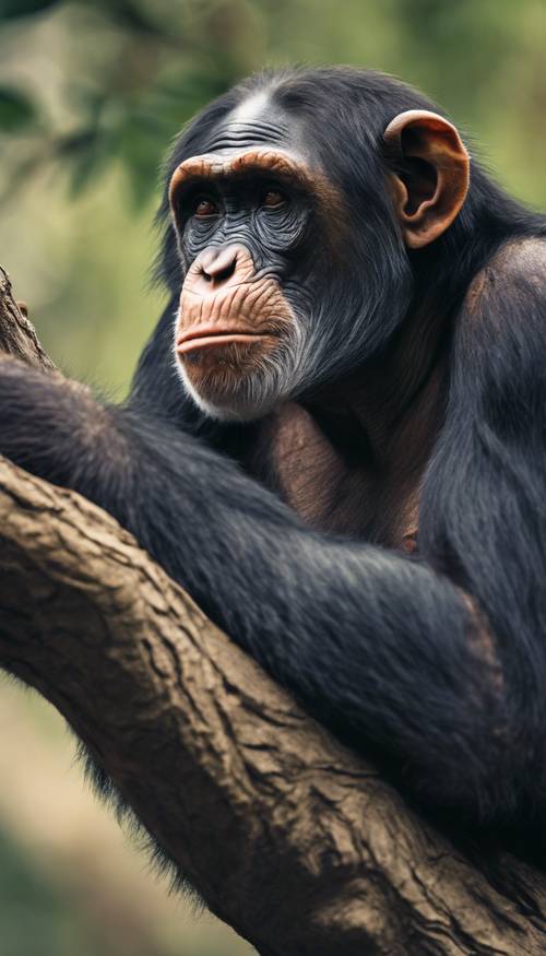Zamyślony szympans siedzący na gałęzi drzewa, pogrążony w głębokiej kontemplacji. Tapeta [73787acb5c3b42cfbb13]