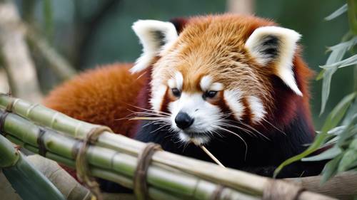 Derin uykuda, elinde bambu bal barını tutan kırmızı bir pandanın çarpıcı görüntüsü.