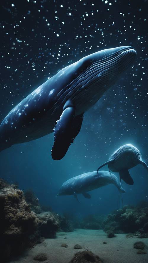 Zapierające dech w piersiach nocne zdjęcie bioluminescencyjnych wielorybów rzucających światło w ciemnej wodzie.