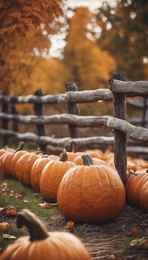 Pumpkin patch with a rustic wooden fence in fall. Tapeta [e9706f0941f24c299318]