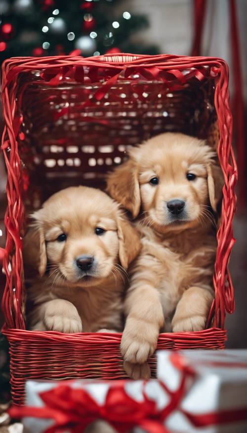 Golden retriever puppies nestled in a hamper with shiny tinsel and red ribbons.