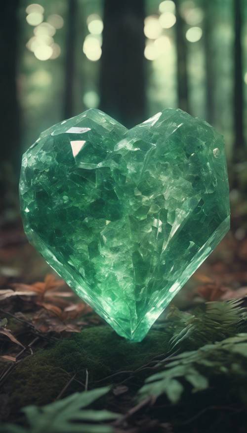 Scena notturna con un cristallo luminoso verde pastello nel cuore di una foresta malinconica