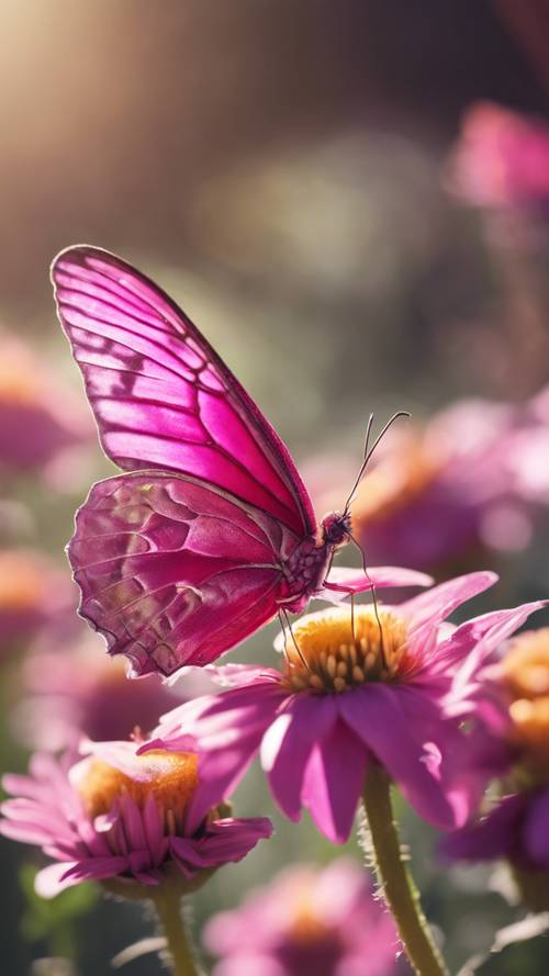 A photo-realistic image of a fuchsia butterfly landing on a daisy, wings shimmering under the sunlight. Валлпапер [dc52233a033d4779acdb]
