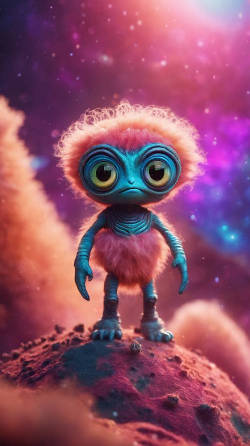 A charming little alien creature with huge eyes and fluffy fur, standing on the surface of a vividly colored alien planet against the backdrop of a swirling galaxy.