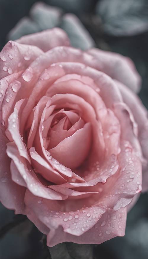 A close-up of a pink rose with gray leaves and petals surrounding it.