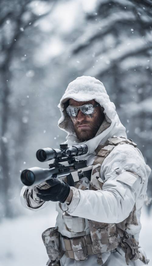 Un francotirador, completamente vestido con equipo de camuflaje blanco, que se mezcla perfectamente con un terreno nevado.