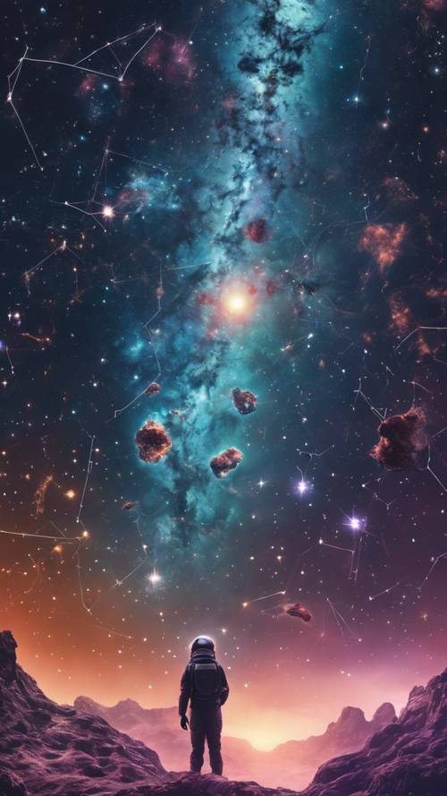 Le ciel d&#39;une planète extraterrestre rempli d&#39;étranges constellations et de nébuleuses colorées.