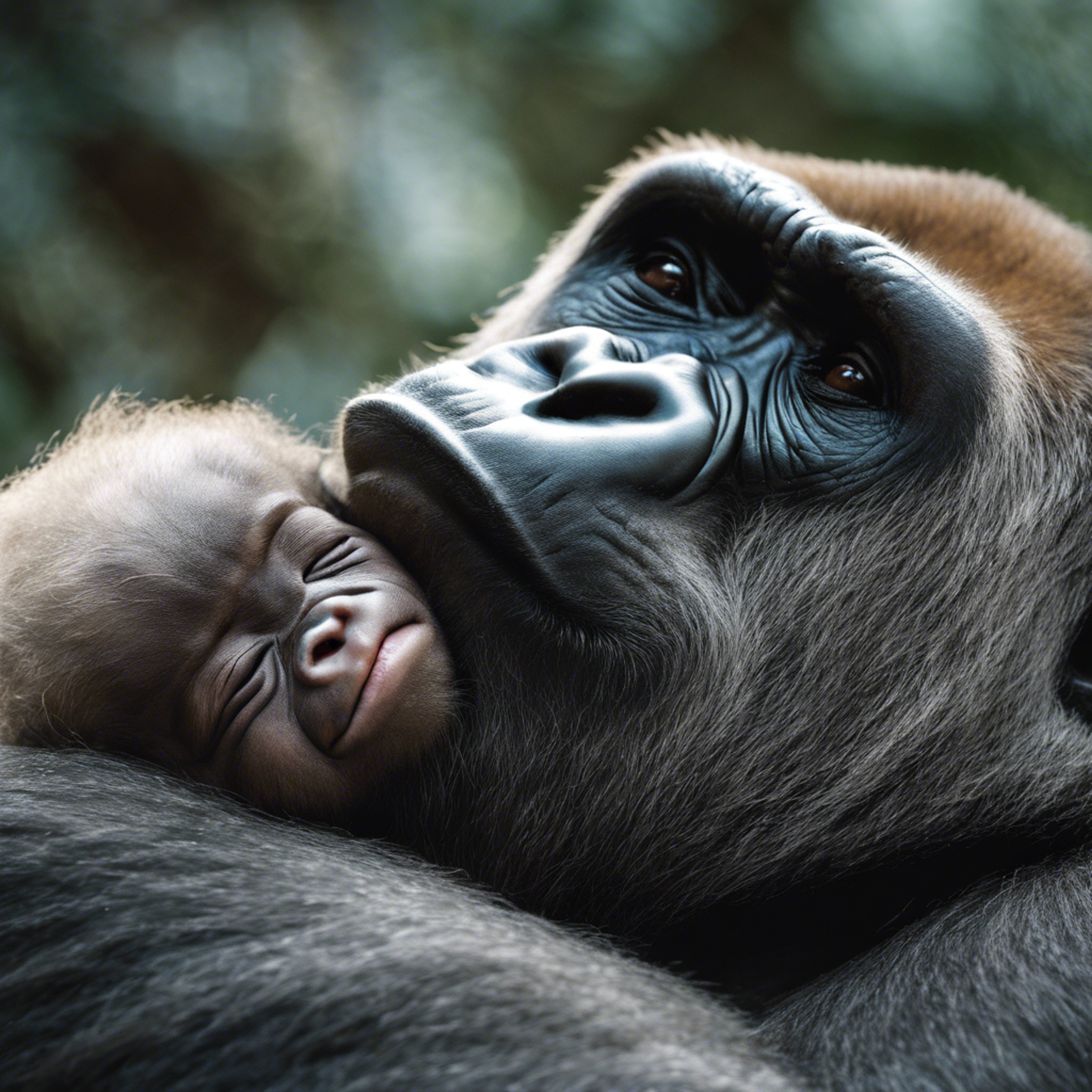 A close-up, emotional study of a gorilla mother's face as she cradles her sleeping newborn. Tapéta[516e0f2ed6254482ad03]