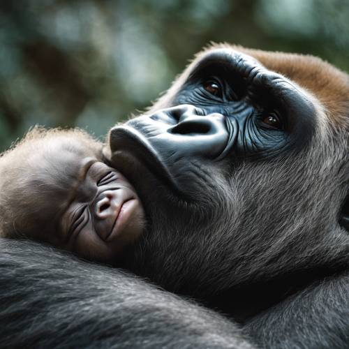 A close-up, emotional study of a gorilla mother's face as she cradles her sleeping newborn.