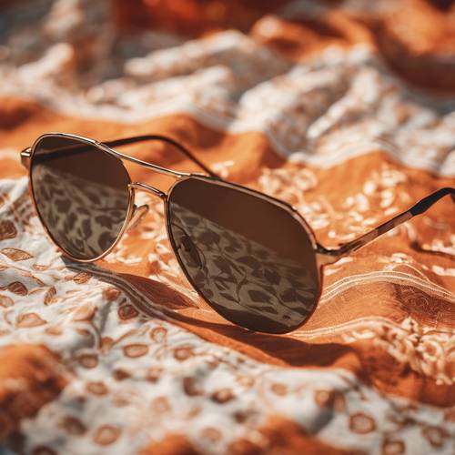 Óculos de sol laranja com lentes redondas sobre uma toalha de mesa com padrão retrô.