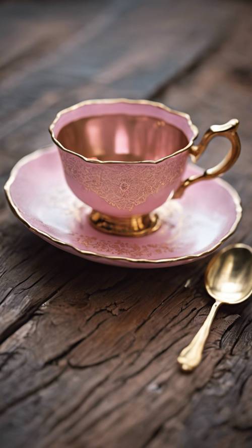 Una delicada taza de té rosa con un intrincado patrón dorado, apoyada sobre una vieja mesa de madera.