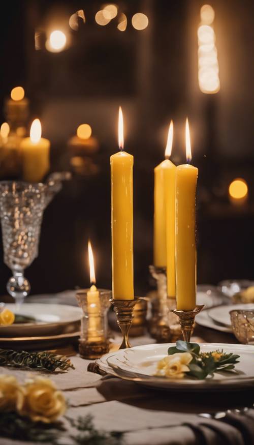 Una cena a lume di candela con candele giallo scuro che tremolano dolcemente. Sfondo [f4ea76d6ae184f04b4f1]