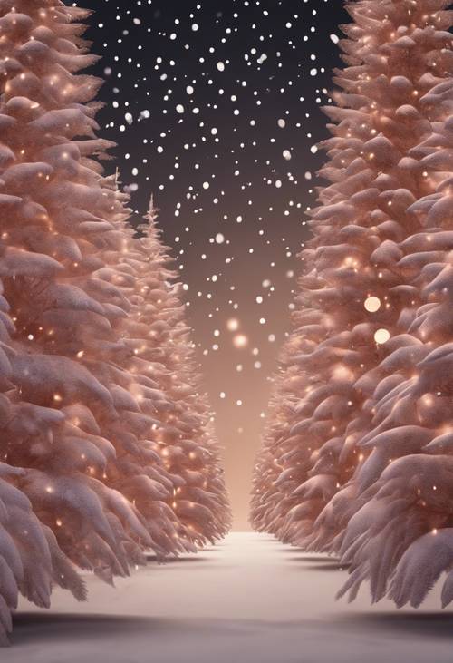 Une forêt fantaisiste d&#39;arbres de Noël en or rose sous une merveilleuse nuit étoilée d&#39;hiver.