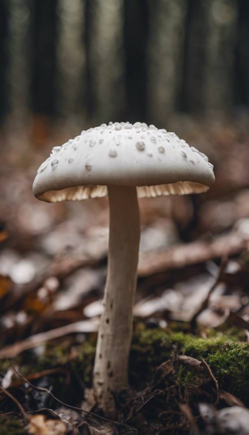 A close-up image of a white mushroom growing on the forest floor with a detailed, speckled, black cap.