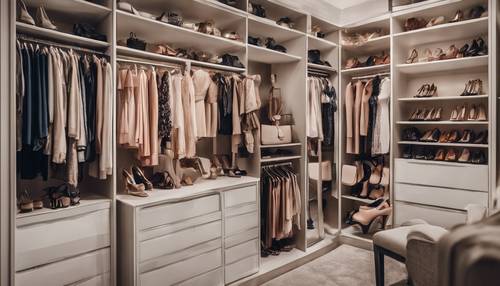 Một tủ quần áo không cửa ngăn chứa đầy váy, giày và túi xách hàng hiệu.