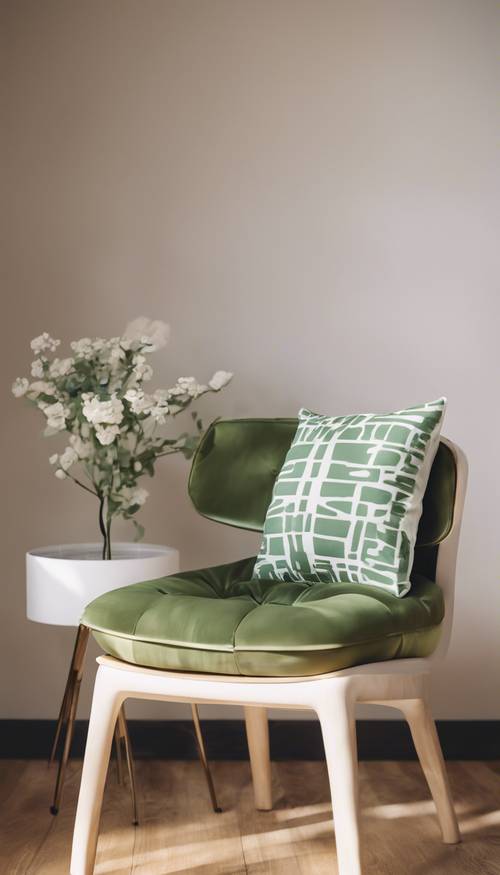 A modern still life of a sage green-and-white cow print throw pillow strategically placed on a mid-century styled chair. Tapet [b886ea64bf24415ea789]