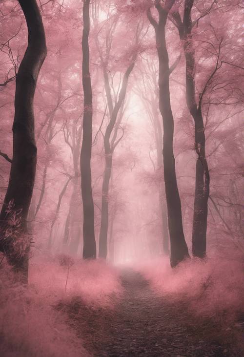 Un etereo paesaggio forestale con una mistica nebbia rosa tenue.