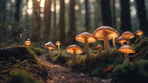 Uma visão encantadora de cogumelos luminescentes iluminando o caminho de uma trilha mística na floresta.