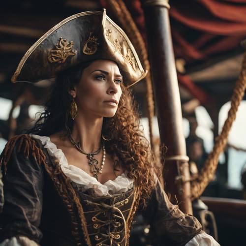 Seorang ratu bajak laut, agung dan galak, memimpin krunya di atas sebuah galleon.
