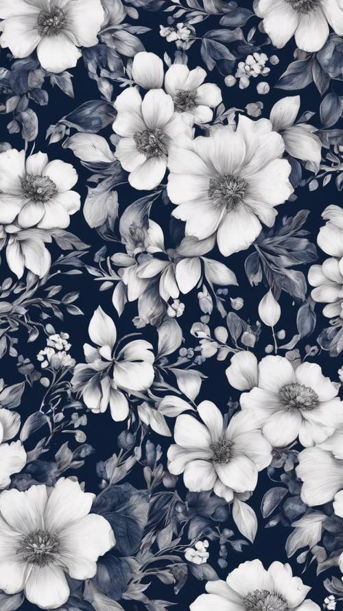 Pola bunga biru tua yang mencolok pada gaun katun putih.