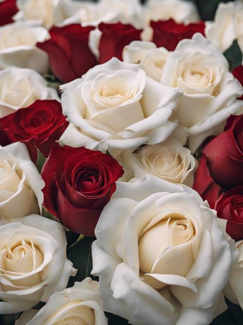 Une grappe de roses blanches avec une seule rose rouge nichée au milieu.