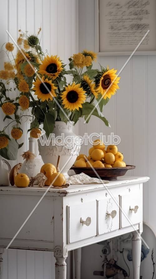 Bright Sunflowers and Lemons on a White Cabinet Валлпапер[5138eb8ea2ed4e5293f5]