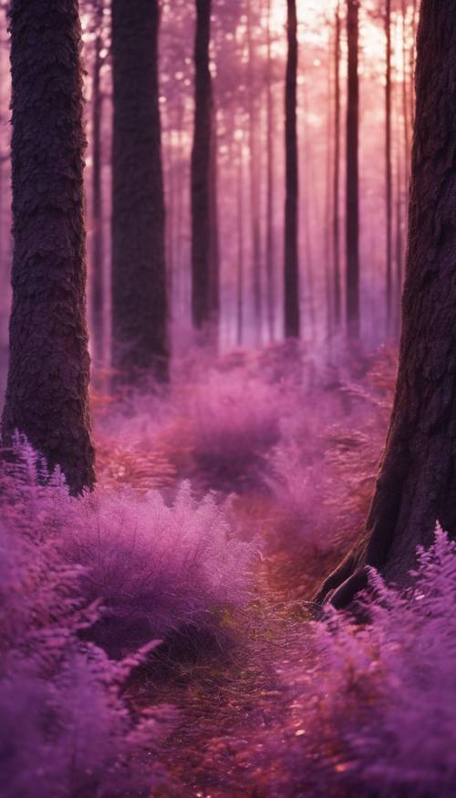 Uma floresta em tons de rosa banhada pelo brilho do crepúsculo roxo.