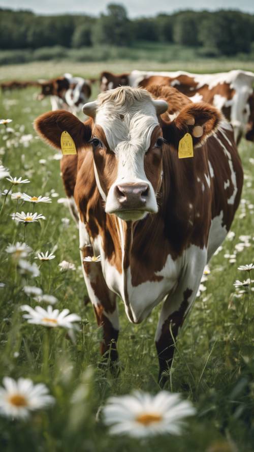 Brązowa cętkowana krowa na dużym zielonym polu pastwiskowym z białymi stokrotkami