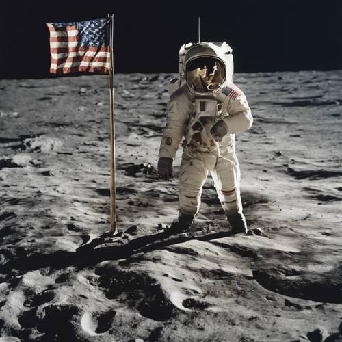우주비행사가 달 위에서 국기를 흔들고 있고, 배경에는 지구가 보입니다.