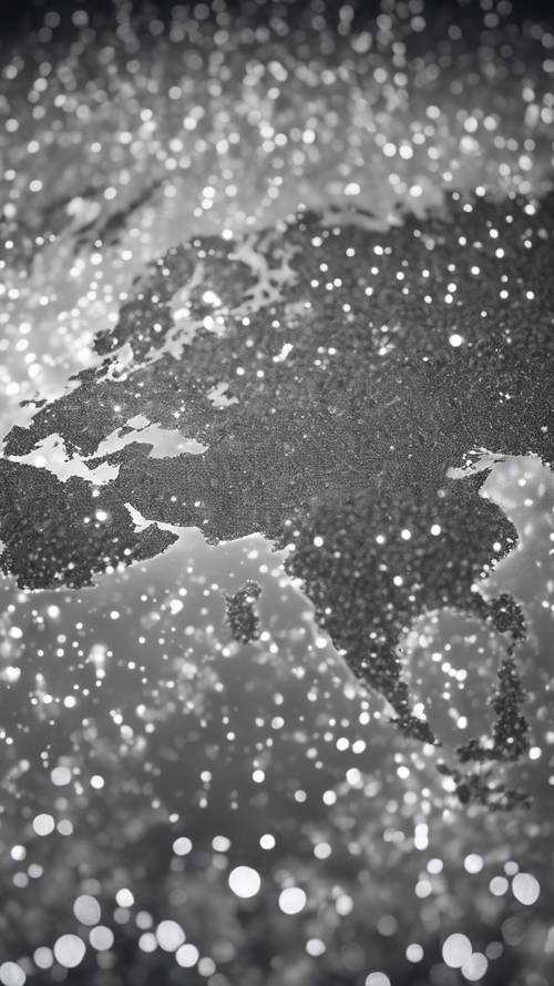 Un mapa mundial en escala de grises que brilla con miles de pequeñas lentejuelas plateadas.
