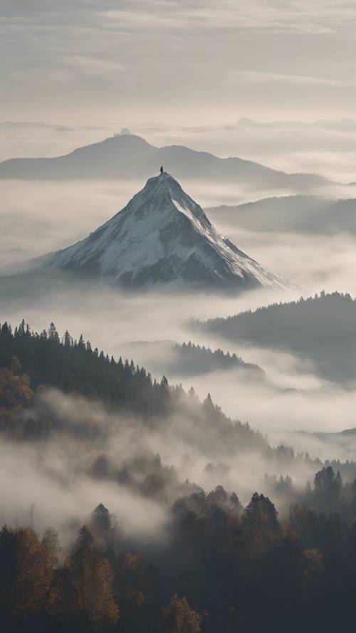 A picturesque view of a lonely mountain shrouded in a sea of misty fog.