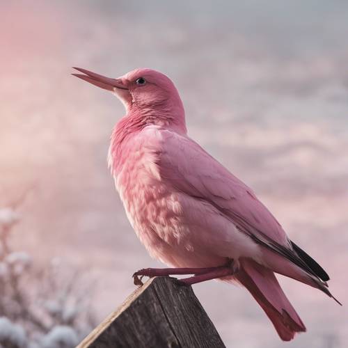Seekor burung merah muda yang bermigrasi melawan langit musim dingin yang pucat.