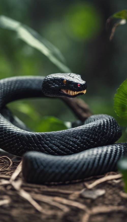 A dangerously venomous black snake preparing to strike in self-defense, set against the backdrop of a jungle.